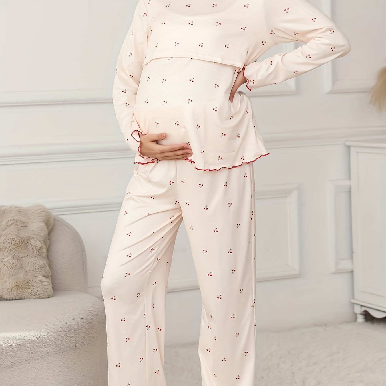 TEMU Pregnancy Round Neck Cherry Print Nursing Long Sleeve Pants Set, 2pcs, Maternity Clothes, Maternity Wear, Maternity Apparel, Maternity Outfit,