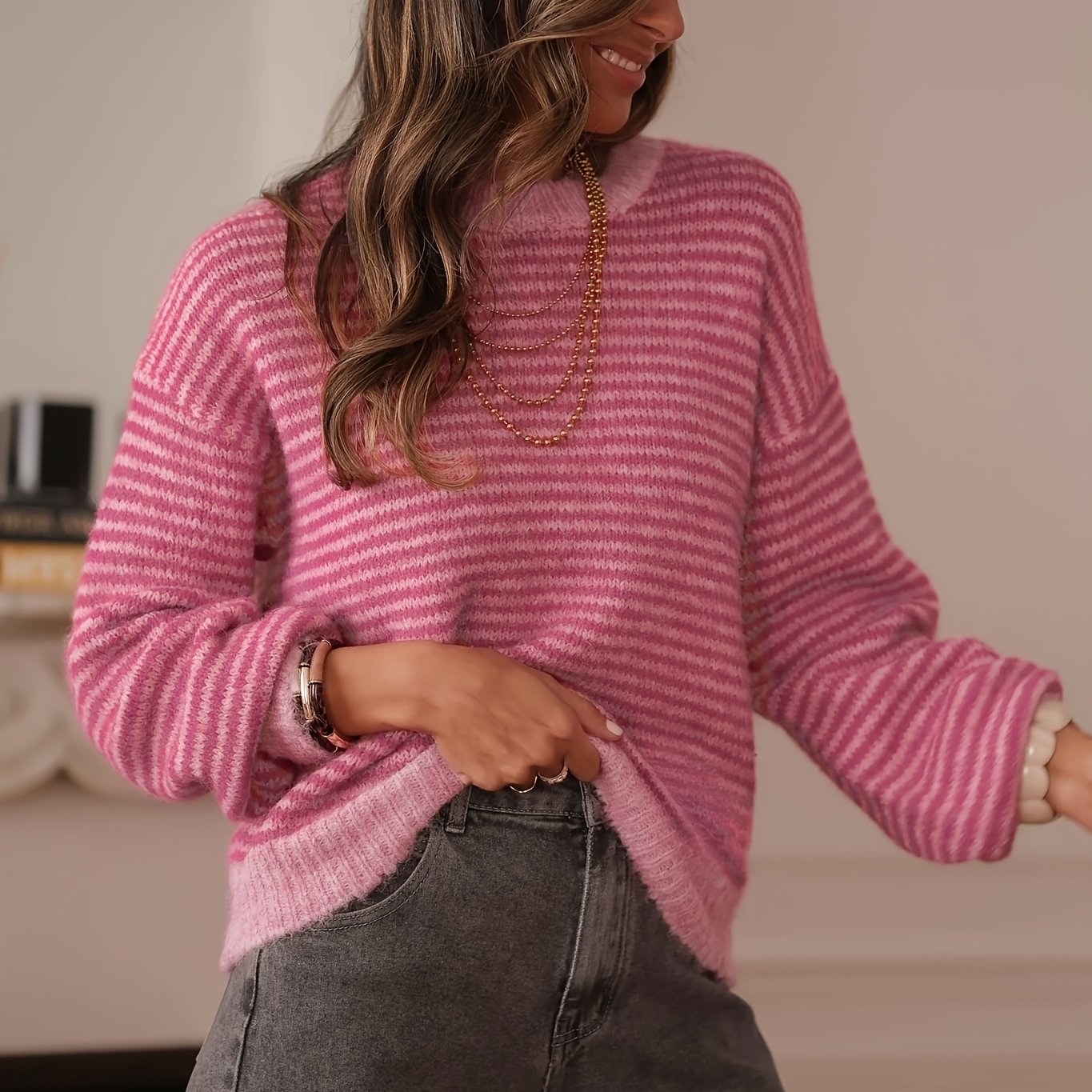 TEMU Pull Français Élégant pour Femme, et Décontracté, et Tendance Facile, Design à Rayures et Col Rond, Ludique et Confortable pour un , Idéal pour