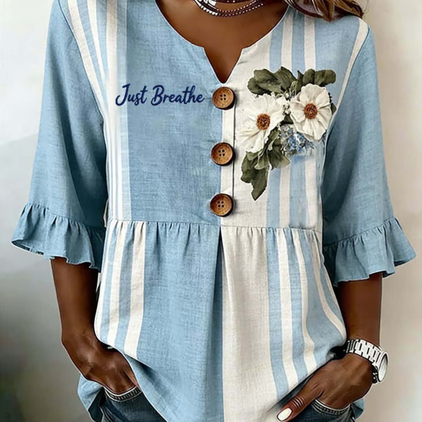 Women's 3/4 Flare Sleeve V-neck Top Featuring Vintage Floral Patterns, Made From Soft Fabric, Machine Washable, Perfect For Casual , A Lovely Shirt