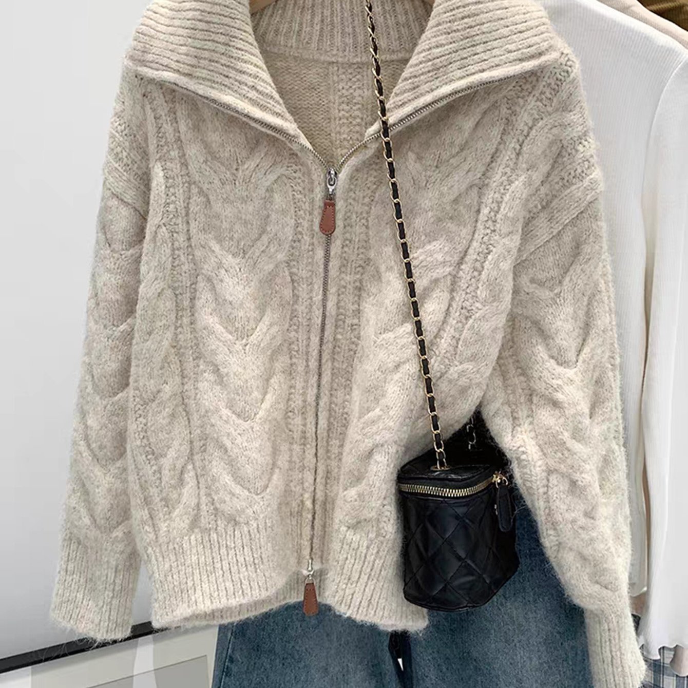 E-shop Europäische und amerikanische Herbst- und Wintermode, neuer Damen-Cardigan-Pullover mit Doppelreißverschluss
