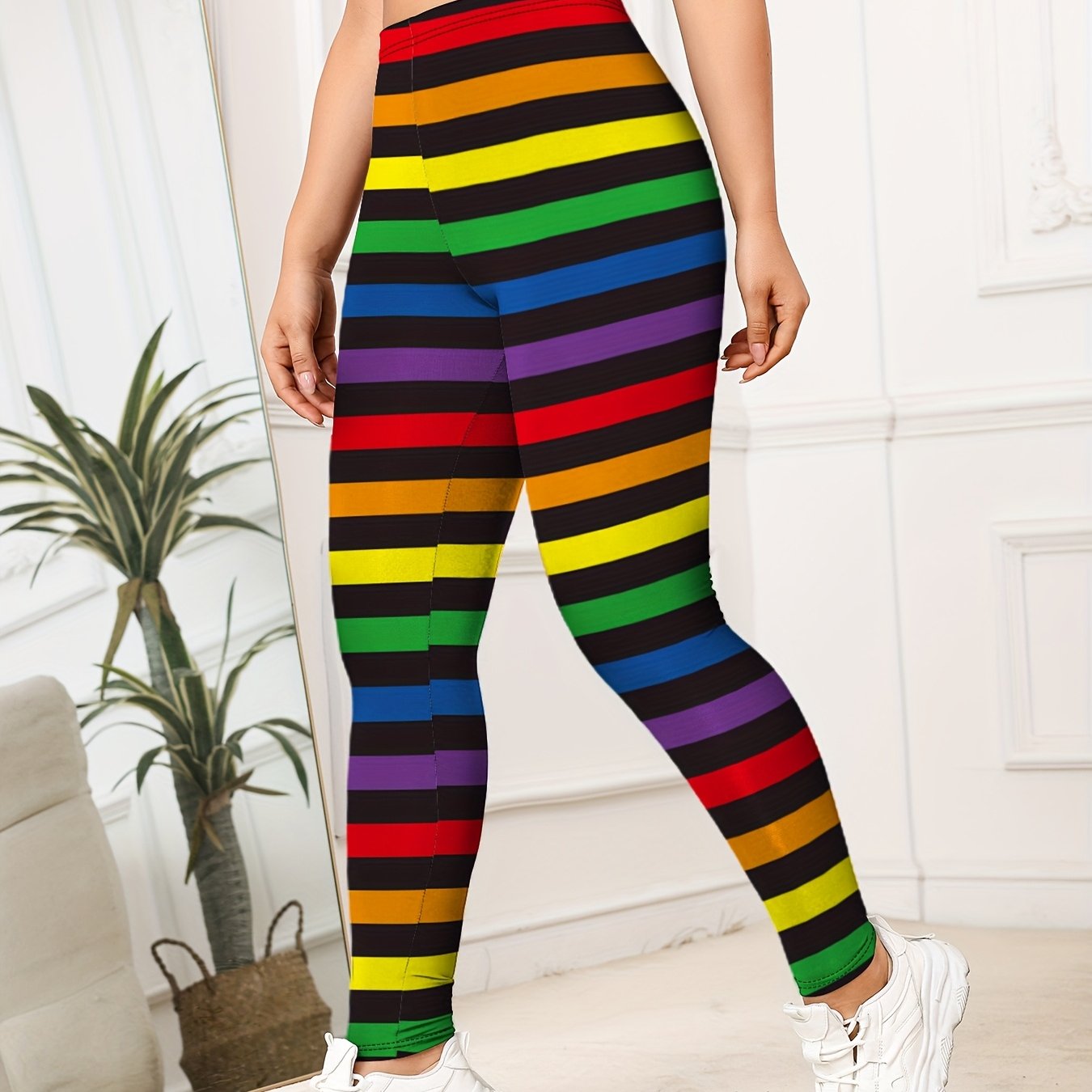 Women's High Waist Rainbow Stripe Leggings, Polyester And Elastane Blend, High Stretch, Asymmetrical, , Knit Fabric, For