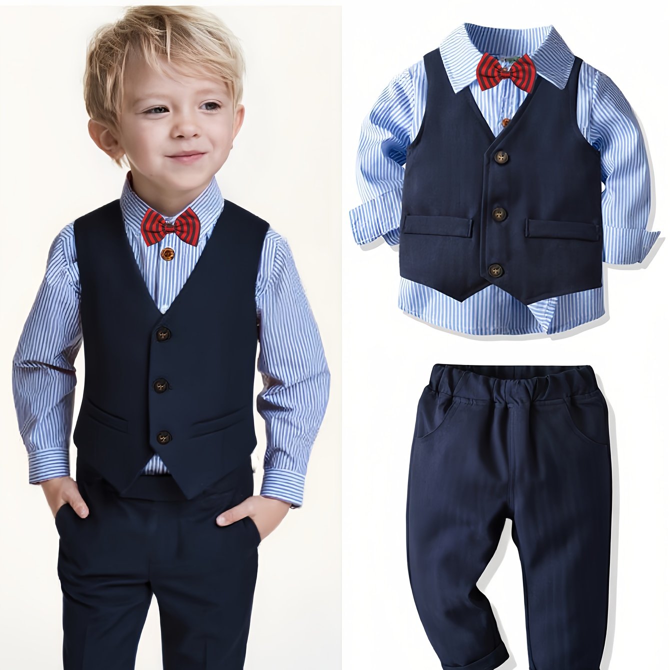 Image of Spring Autumn Boy Suit Formal Dress Striped Shirt Solid Vest Trousers Boy Gentleman Style Flower Child Wedding
