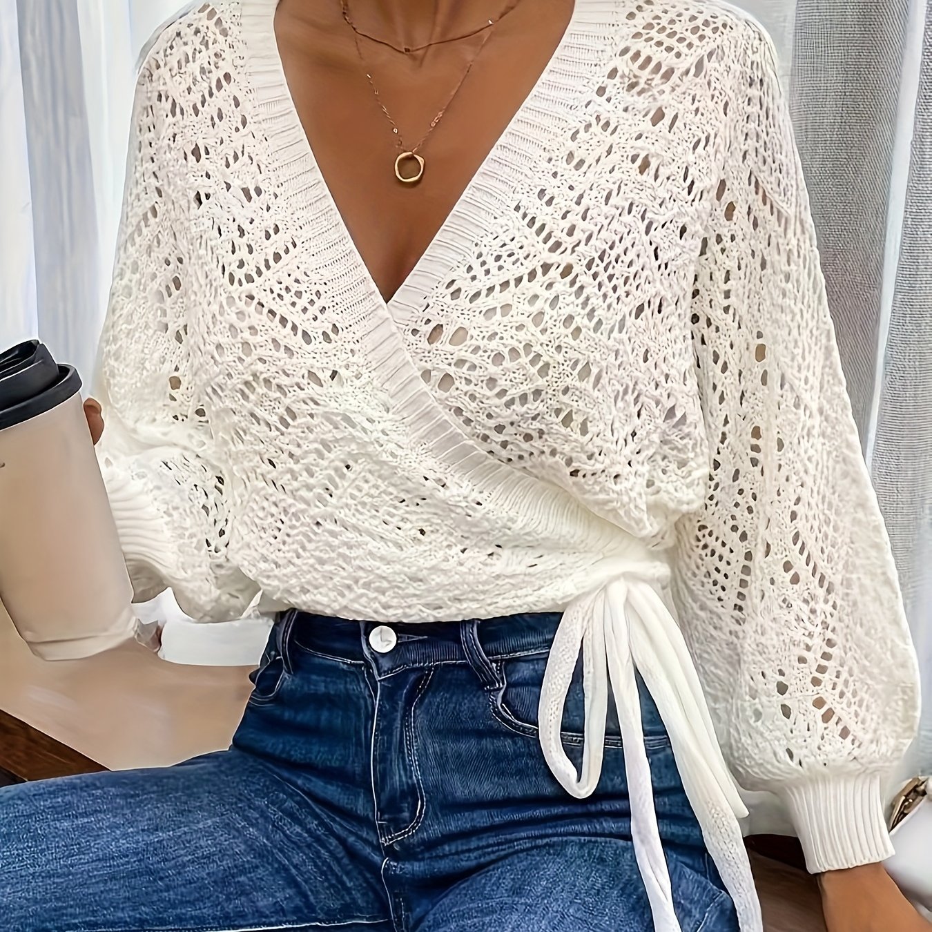 E-shop Plus Size - Plus Size - Koreanischer Lazy Style V-Ausschnitt Hollow Out Sweater Damen Sommer Design Rüschentop Herbst Langarm Lockerer Cardigan