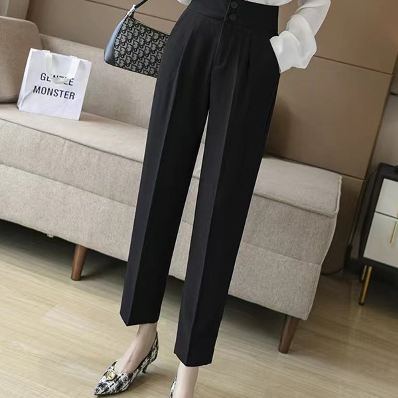 Women's High Waist Slim Fit Suit Pants Straight Leg Ankle Length Casual Office Trousers Lightweight Thin Fabric