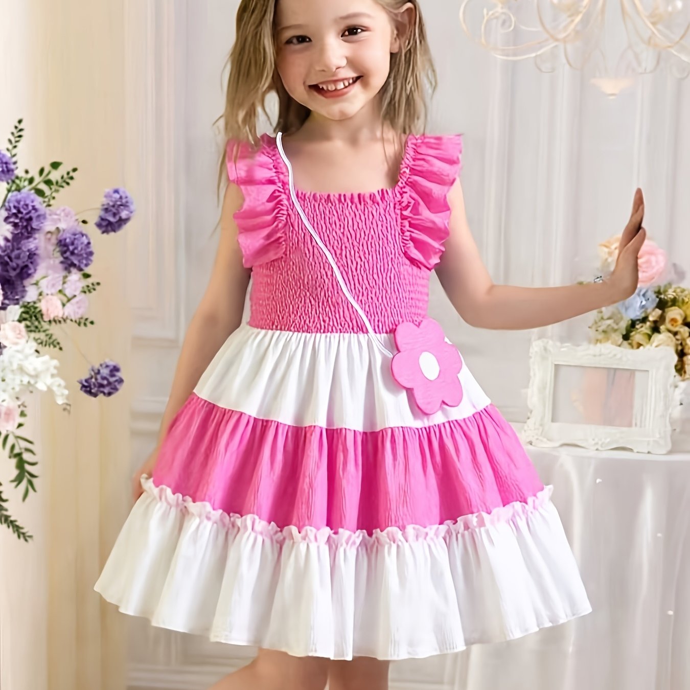 Image of A Stylish And Casual Dress For Young Featuring A Lace-trimmed Neckline, Small Flutter Sleeves, A Design, And A Layered Skirt, Home Or Outdoor Summer Wear