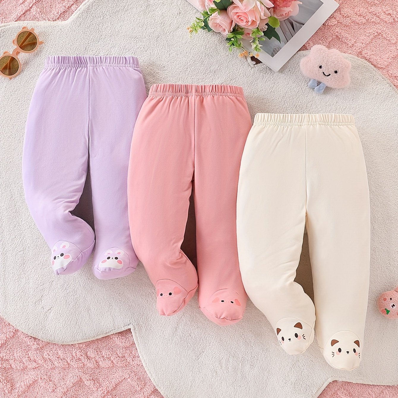 Image of Autumn Baby Girl, Child, Rabbit, Piglet, Cat Pattern, Foot Wrapped Pants, 3 Piece Set, Leggings, Cute Daily Wear,essential For Babies In Autumn And Winter, Perfect For Outdoor