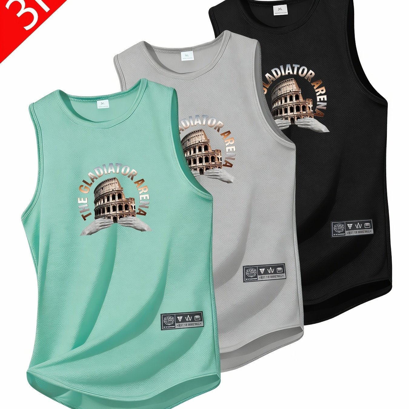 Image of [3-pc] Men's Athletic Tank Tops - Ideal For Gym, Running, Outdoors, And Casual Summer Wear - Breathable Polyester Training Vests - Solid Color, Regular Fit, Sleeveless Tops