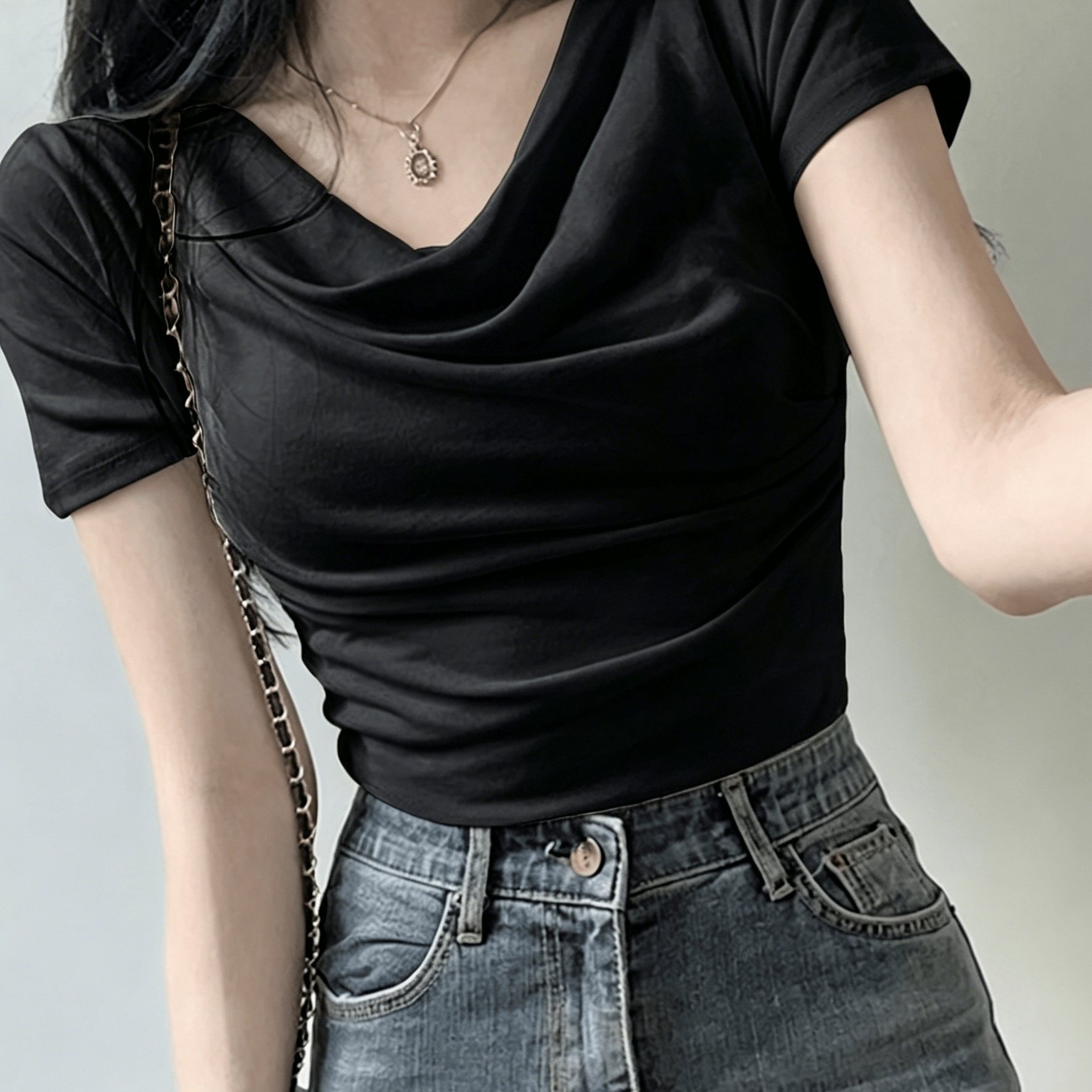 TEMU 여성용 스위트 & 센슈얼 스타일 페플럼넥 반팔 티셔츠, 새로운 여름 슬림핏 크롭 탑, 활용도 높은 핫 베이스 레이어