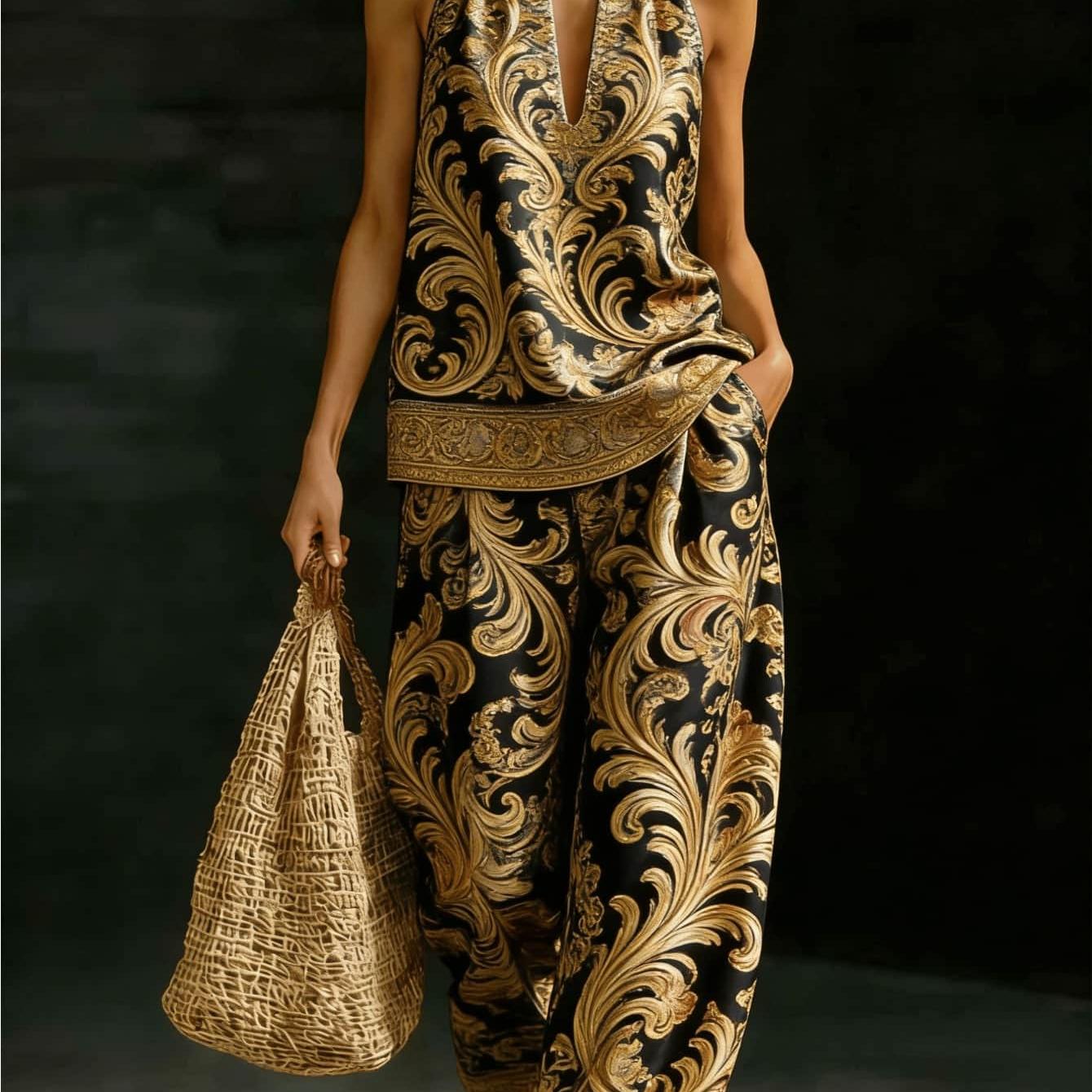 Plus Size - Plus Size - Women's Black Golden Retro Baroque Scroll Printed Halter Sleeveless Top And Wide Leg Long Pants Two-piece Elegant Outfit