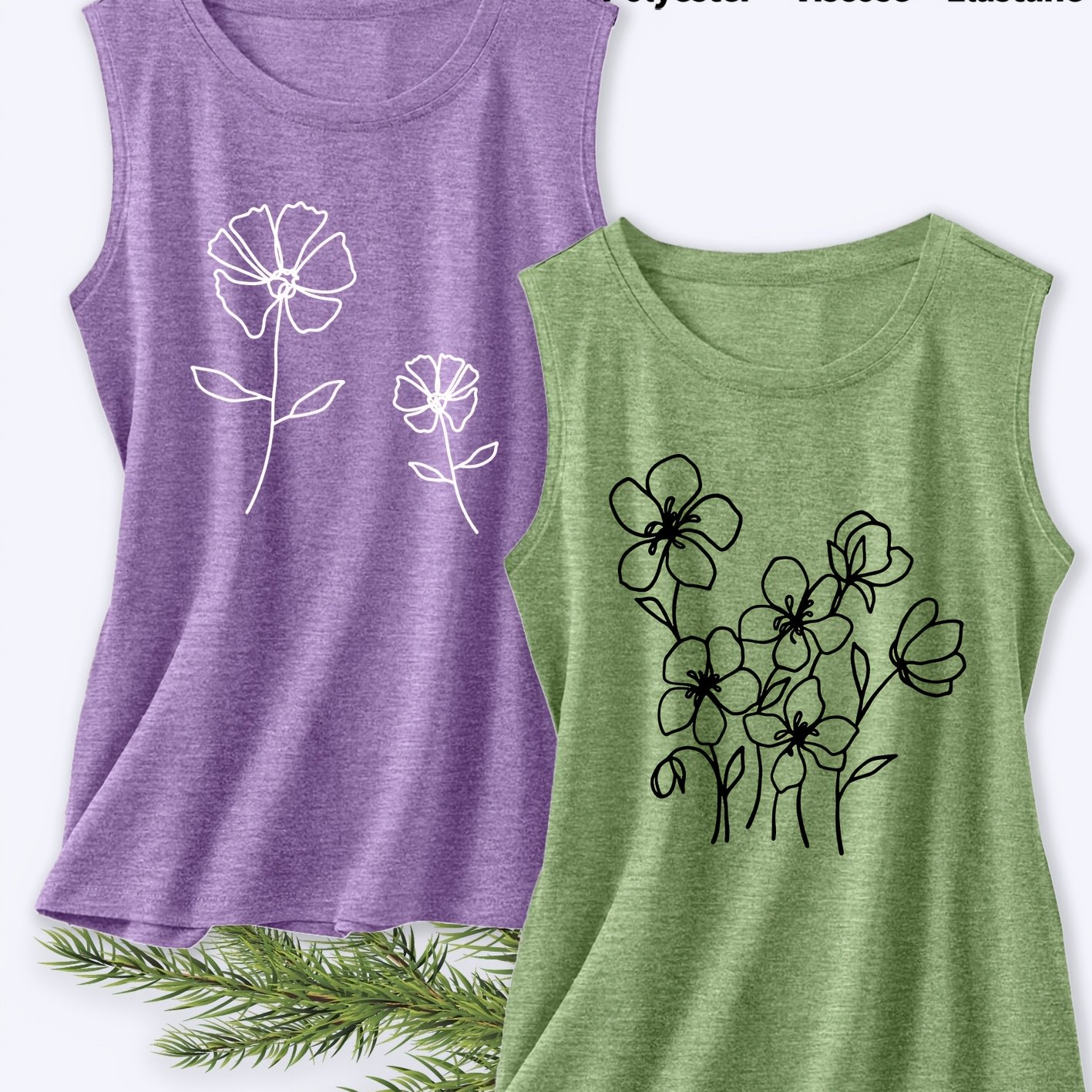 TEMU Two-pack Summer Women's Beautiful Tank Tops, Hand-painted Bouquet Print, Elegant Women's Gift Series, Round Neck Tank Tops, Machine Washable,