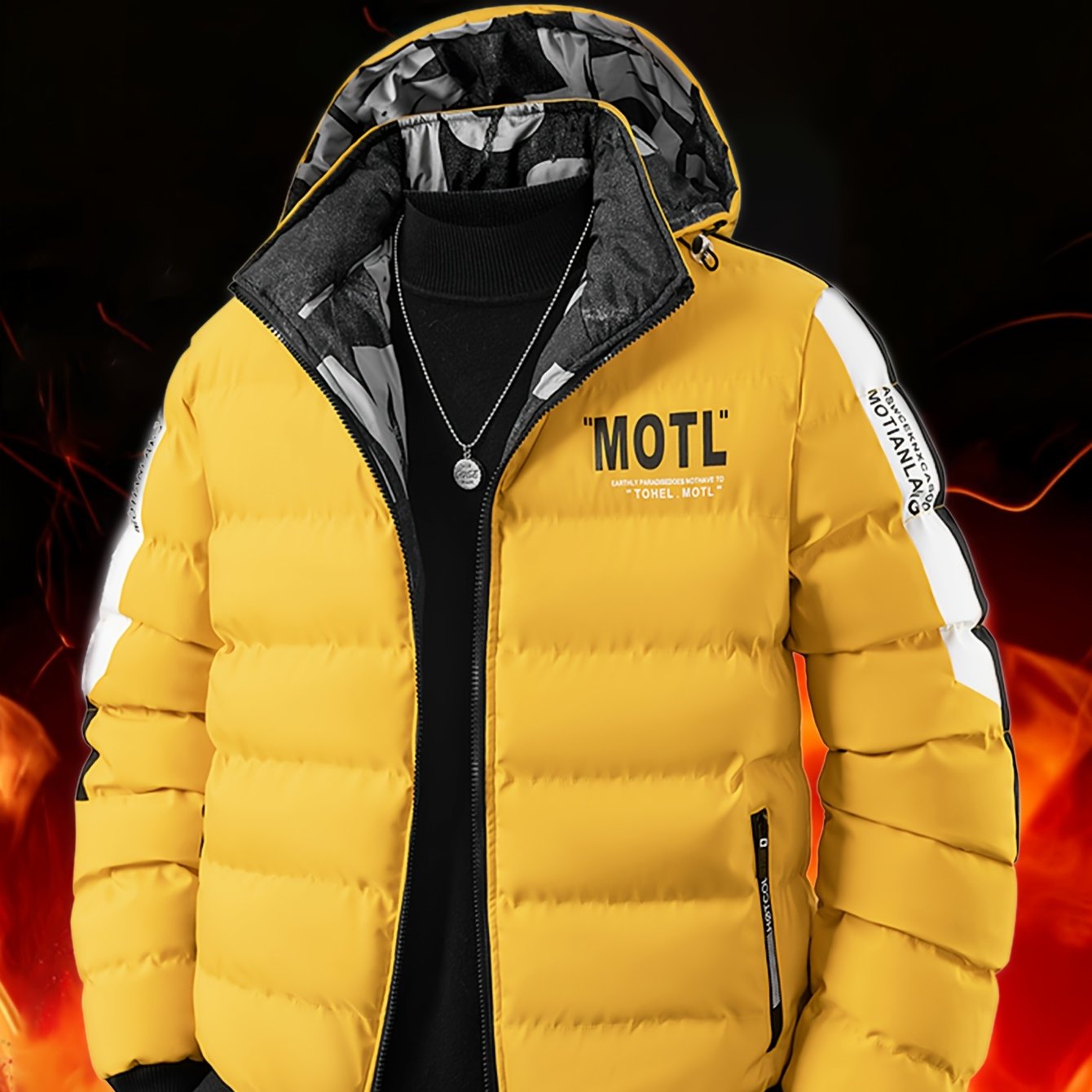 TEMU Men's Winter Hooded Jacket, 100% Polyester Casual Letter Print Design, Regular Fit Warm Coat Suitable For Autumn And Winter, Reversible