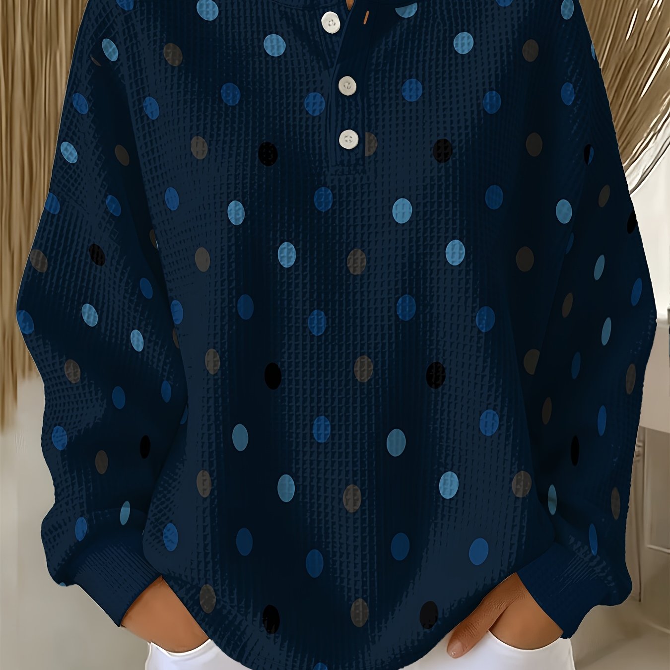 TEMU Plus Size, Plus-size Waffle Sweatshirt, Vintage Black With Beige , Elegant And Three-button Round Neck Long-sleeve Sweatshirt