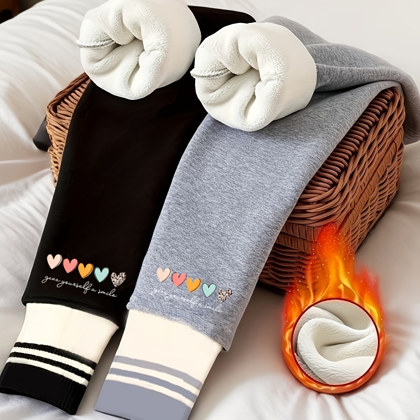 Image of Pair Of 2, 5-heart Print, Girls' -lined Warm Thermal Leggings, High Elasticity, For Autumn And Winter