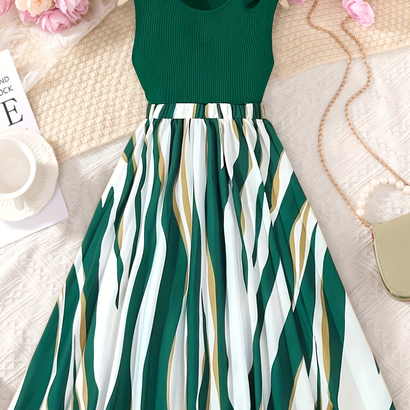 E-shop Beliebtes Mädchen-Eleganz-Kleid-Set: Rundhals-Vesttop + Grüne Gestreifte Rock – Schön, Romantisch, für Partys und Outdoor-Aktivitäten,