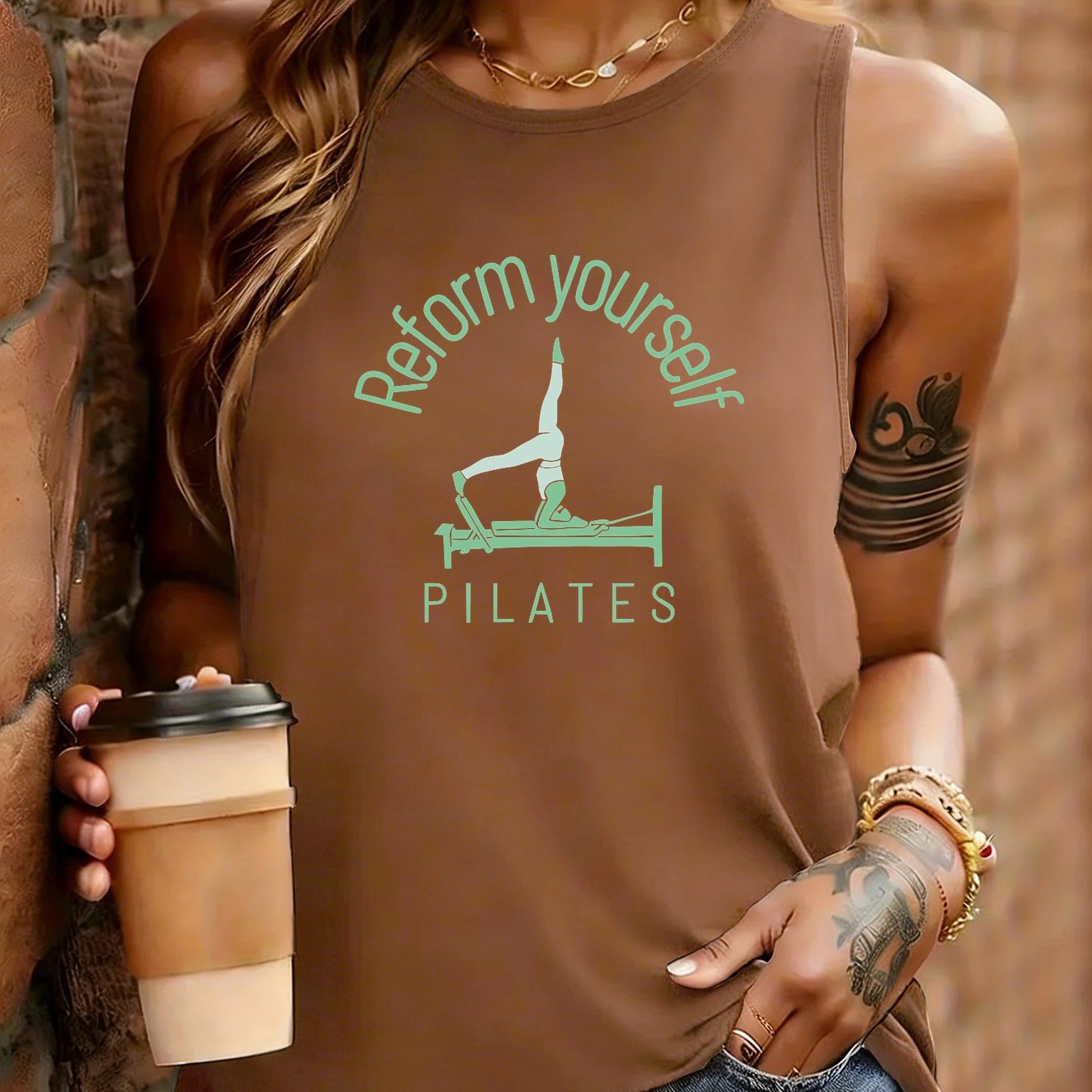 TEMU (064#) , Minimalist Fashion Women's Self- Pilates Printed Sleeveless Vest