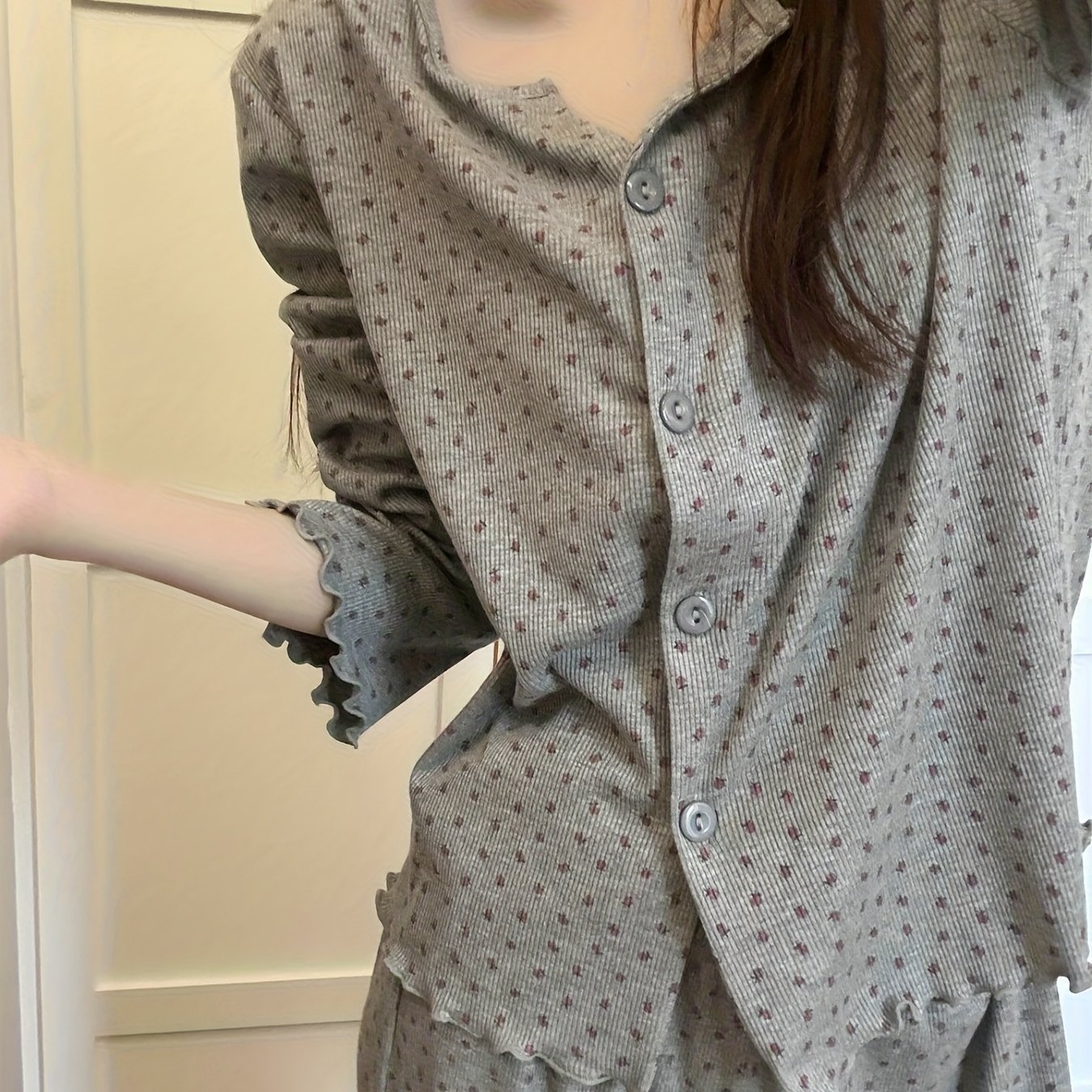 TEMU 【韓国風】ガール風 花柄パジャマ レディース 春秋 カーディガン 長袖 ロングパンツ ホームウェア セット