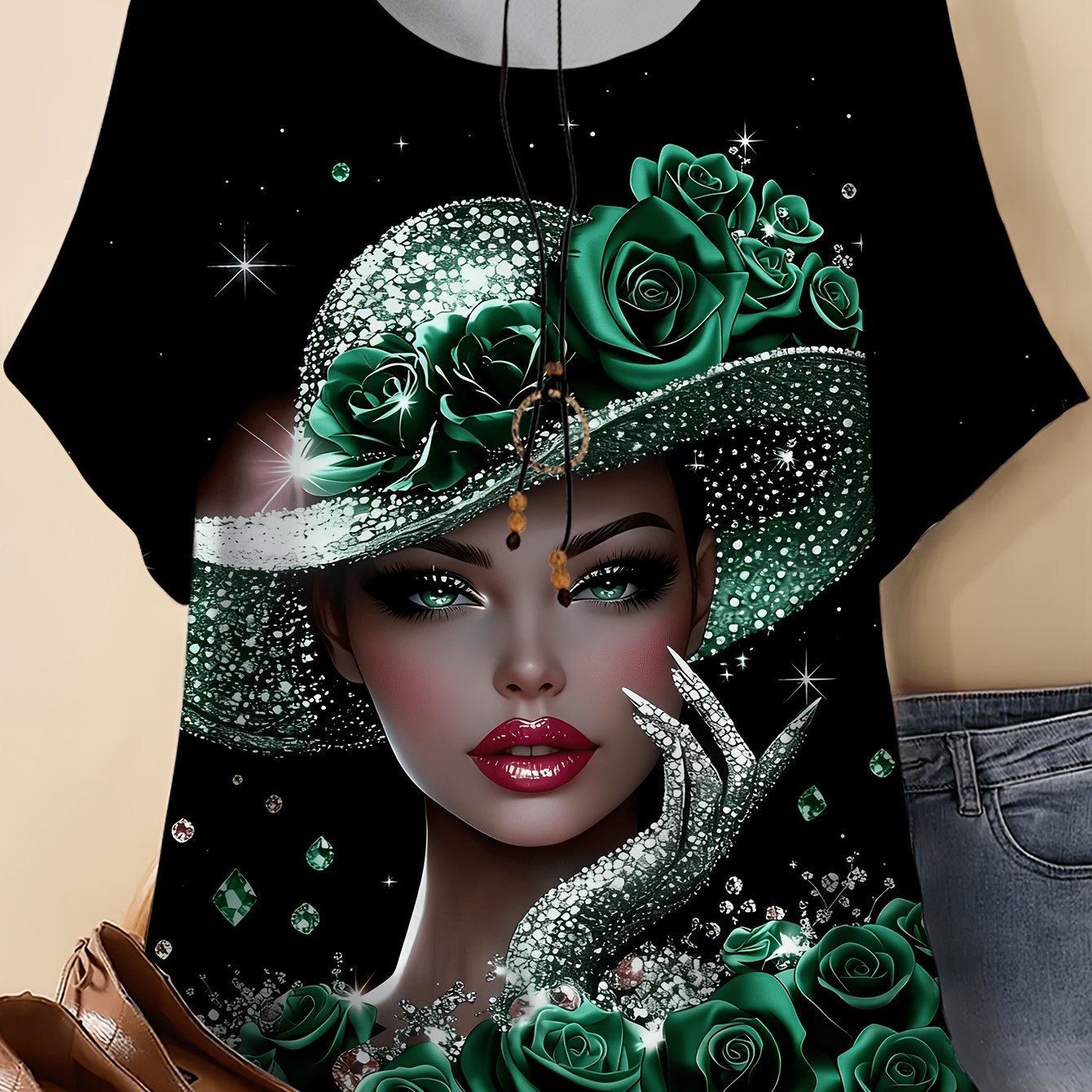 TEMU Plus Size - Plus Size - Plus Size Women's Elegant Hooded Beauty Print T-shirt - Casual Short Sleeve Round Neck Top, Art Design, Breathable And