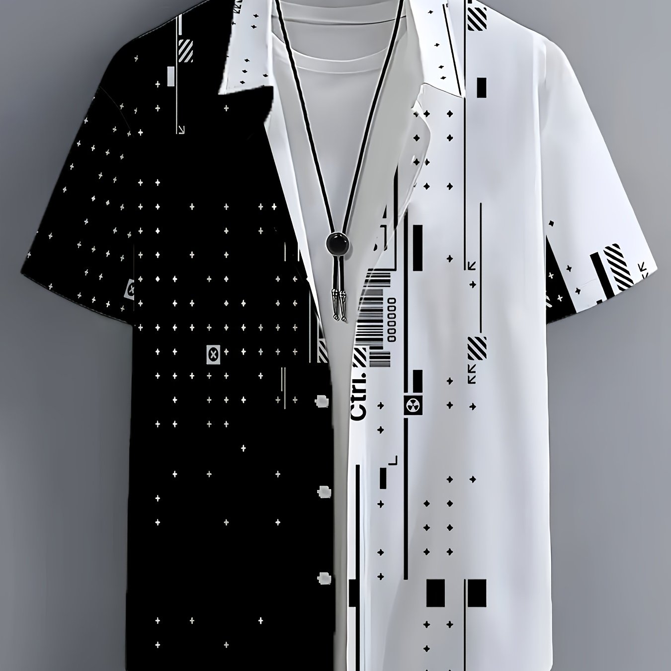 TEMU 3d Digital Printed Geometric Pattern, Lapel Short Sleeve Shirt, Fashionable, Color Block, Casual, Vacation, Minimalist, Summer, Men's Casual