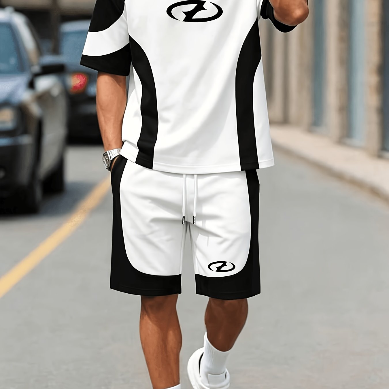 TEMU Men's Black And White Streetwear Set, Curved Short Sleeve And Shorts 2pcs Set For Daily Commuting