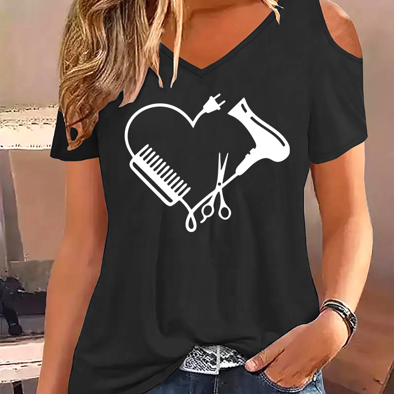 TEMU T-shirt da donna 4.26, T-shirt con scollo design stampato, T-shirt elegante da donna con spalle scoperte e maniche corte