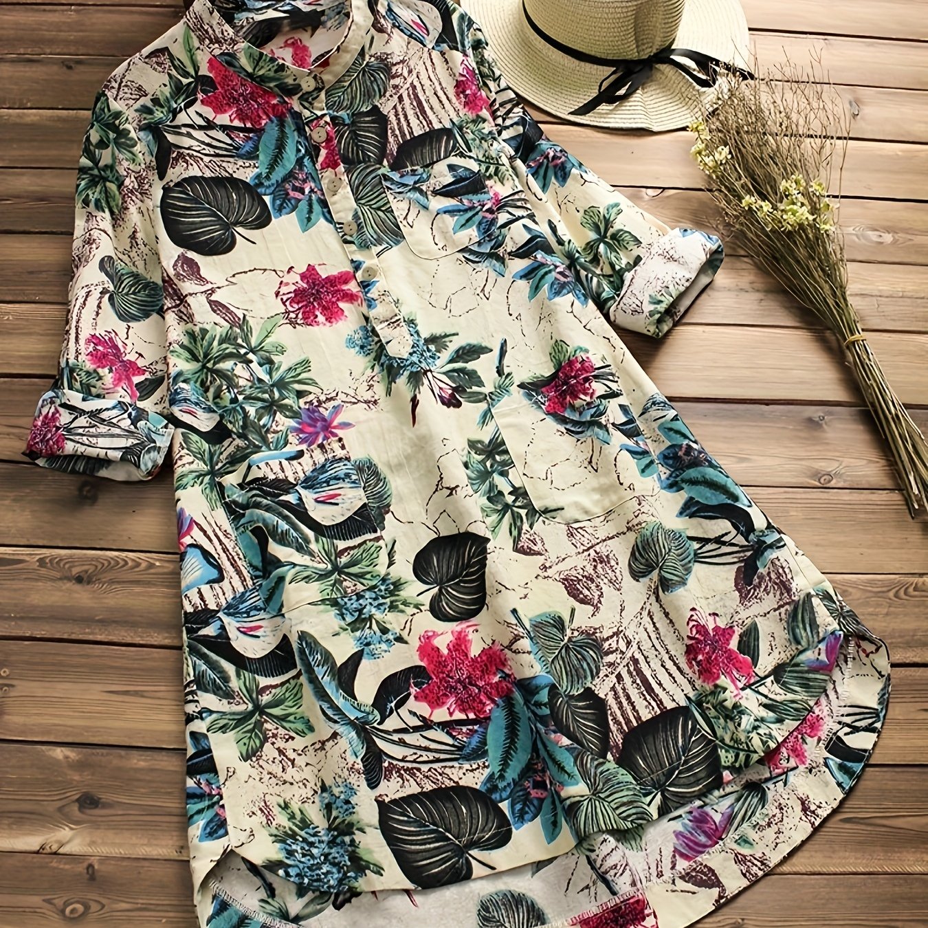 Plus Size, Plus Size Women's Shirt, Mid-length Casual Floral Print Top With -covering Design