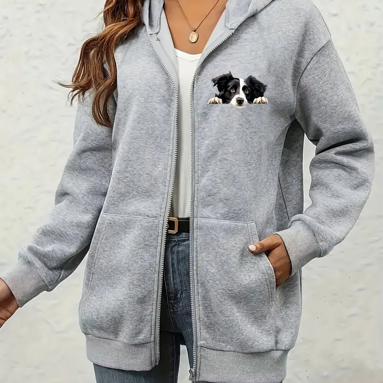 TEMU Black And White Border Collie Peeking Dog Pattern Trendy New Style, Women's Zip-up Hooded Sweatshirt Jacket, Loose Fit, Gift For Her, Warm And