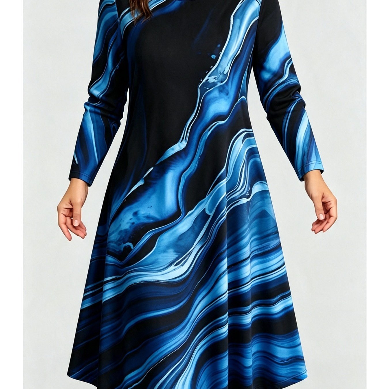 Image of Plus Size Long Sleeve Midi Dress, Black Blue Marble Swirl Print Round Neck A-line Swing Dress, Breathable Cloth, Loose Flared Hem Conceals Belly And Hip Flesh, Curvy Adaptive 1x-5x Sizing