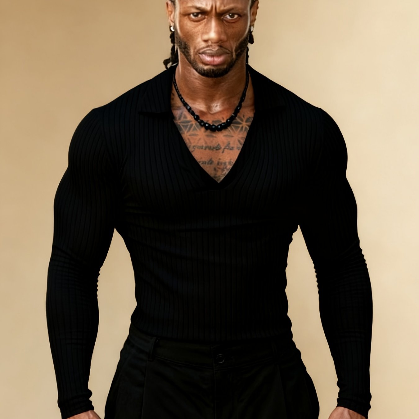 TEMU Rose Obm Men's Lapel Deep V Ribbed T-shirt Slim Fit Stretchy Figure-flattering Sporty Trendy Long Sleeve Top