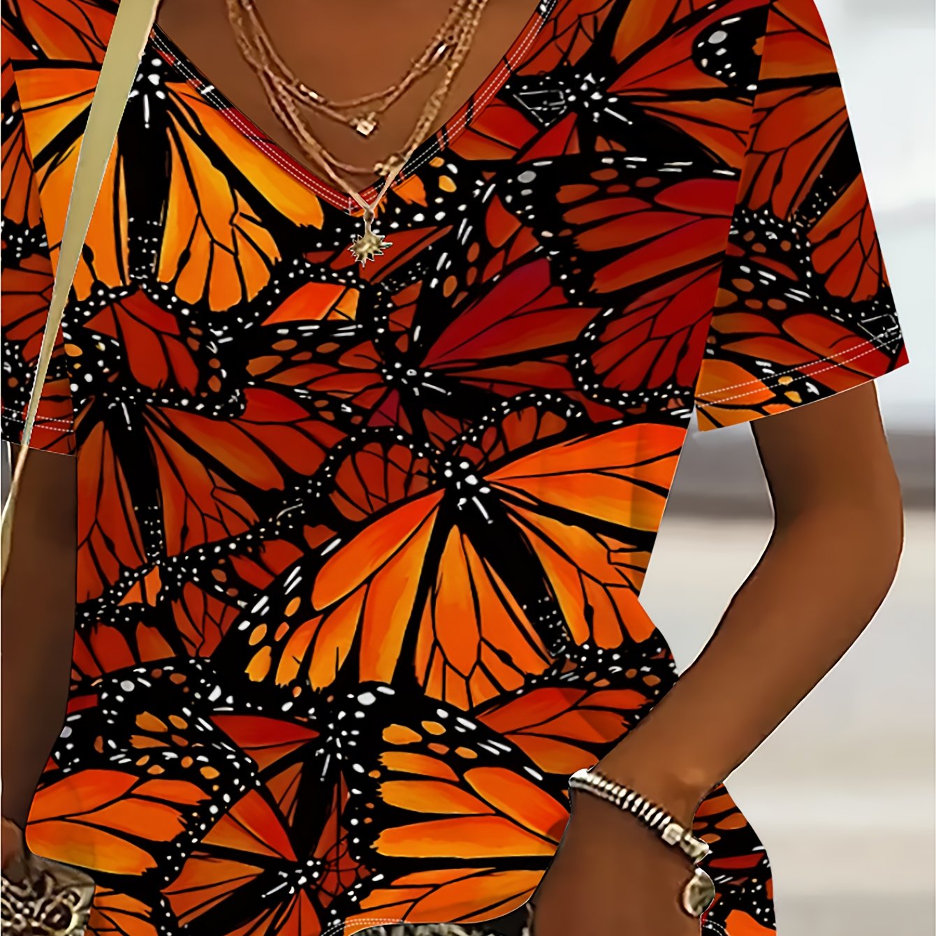 TEMU Plus Size, Plus-size. -women's-oversized-floral-print-v-neck-t-shirt---vibrant-multicolor-short-sleeve-summer-blouse-with-a-line-silhouette. -lightweight-breathable-fabric-for-beach-outfits.