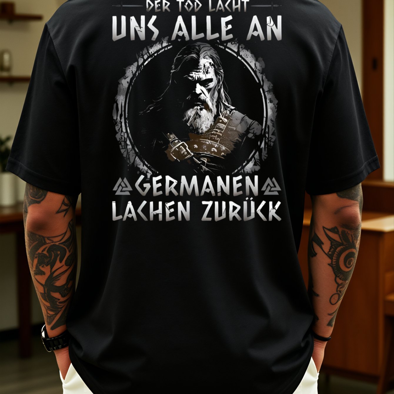 Plus Size Germanic Style Men's T-shirt With And German Text Design For Casual Wear And Autumn Ideal Gift For History Enthusiasts And Back Print , Plus Size