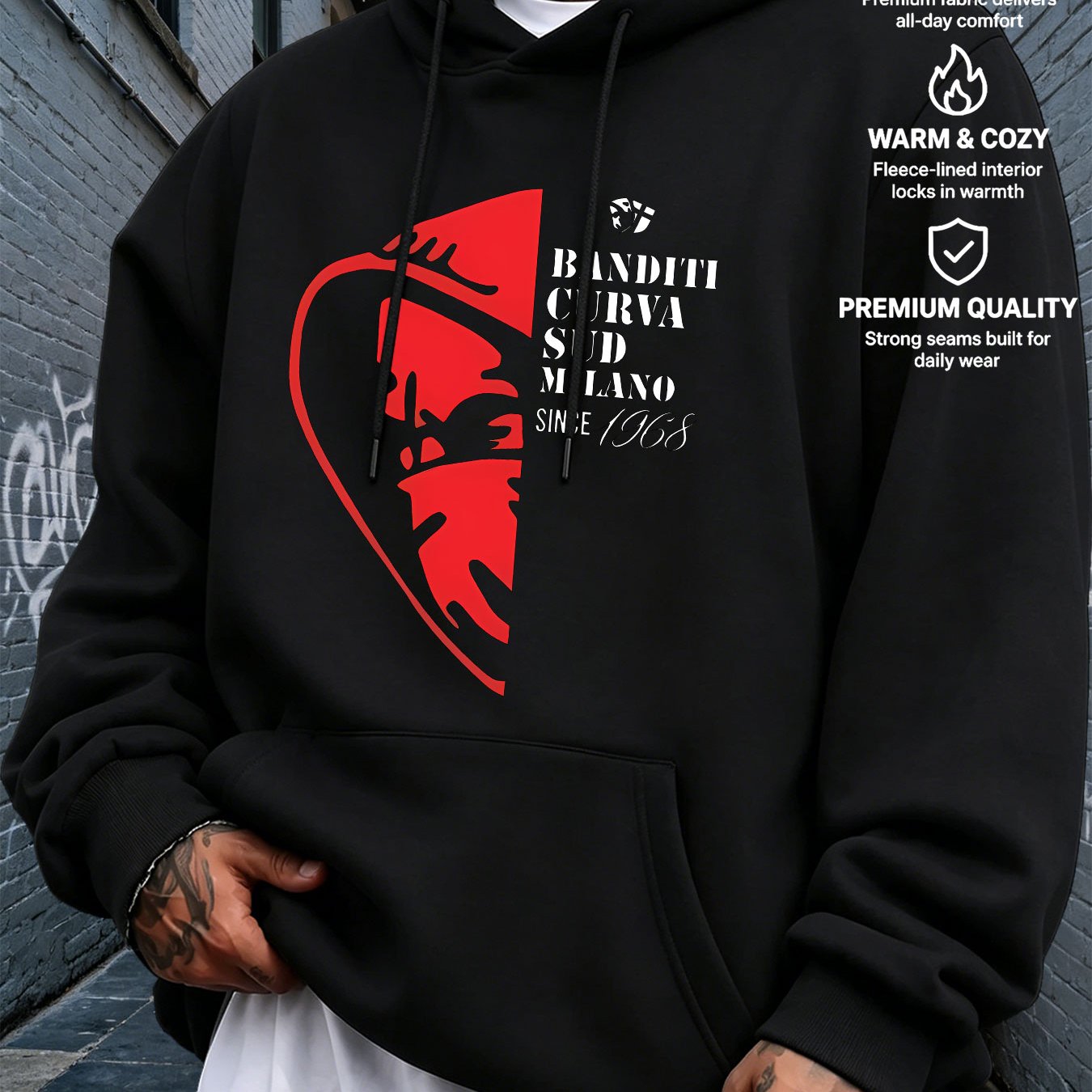 TEMU Men's Style Hooded Sweatshirt, Red Portrait Silhouette Print, Western Trendy Style Men's Casual Sweatshirt