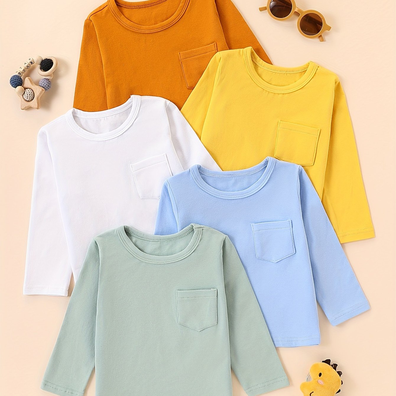 Image of 5pcs Set Children's Infant Baby Newborn Shirt Autumn Solid Color Stretch Round Neck Long Sleeve Top Shirt