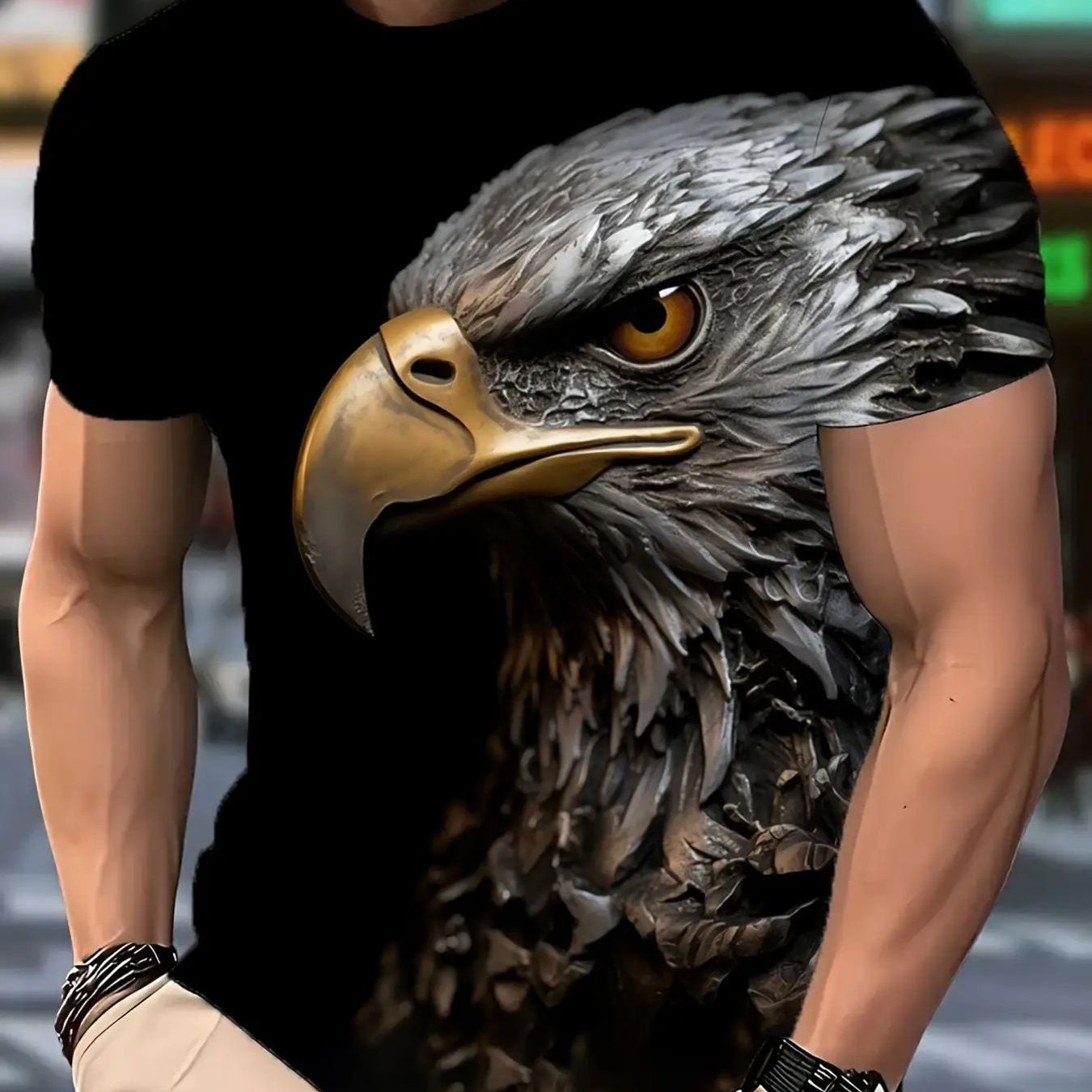TEMU Men's Casual T-shirt With Eagle Print, Short Sleeve, Round Neck, Regular Fit, Suitable For Summer Outdoor Activities And Daily Wear, Versatile