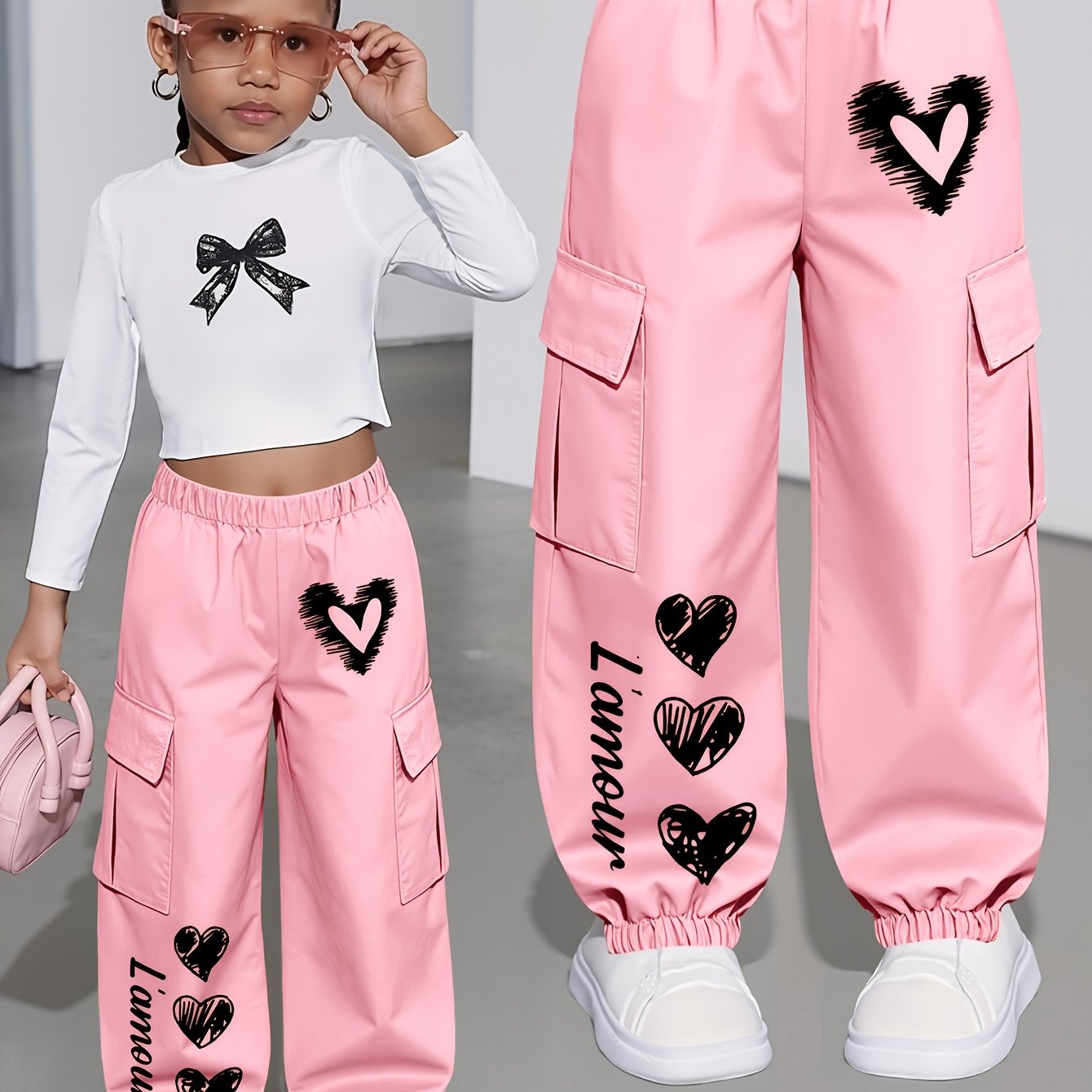 TEMU Girls' Sweet Cool Heart Cargo Joggers, Heart Print Loose , Suitable For , Casual Sports, Daily School Wear, Street , Individual Trendy Trousers,
