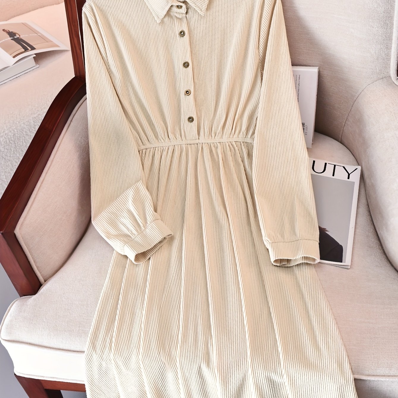 Soft Breeze Apricot Corduroy Dress For Women, Shirt Collar, Waist-cinching Ruched Midi Dress, Vintage Commuter Long Sleeve Single-breasted A-line Skirt