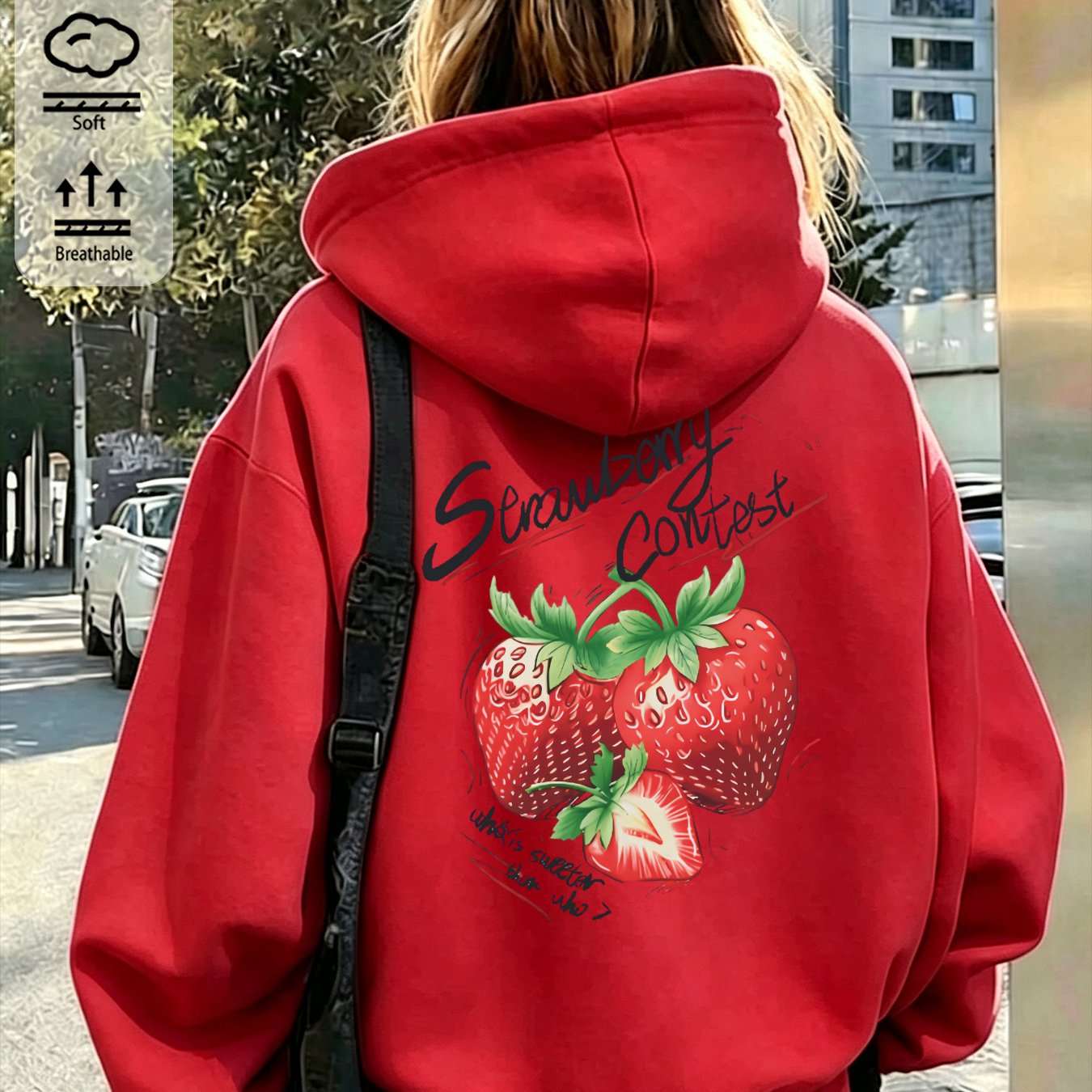 Image of Autumn Winter Women's Hoodie With Y2k Strawberry Print, Casual Drawstring Pullover Sweatshirt