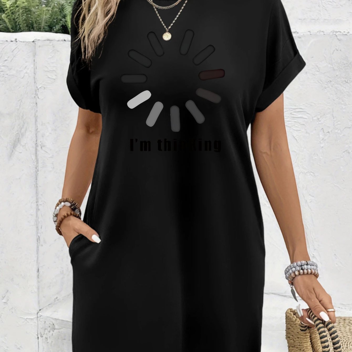 womens casual graphic print t shirt dress short sleeve round neck relaxed fit knee length dress   thinking text timer loading symbol breathable machine washable spring summer outfits spring fashion medium stretch fabric