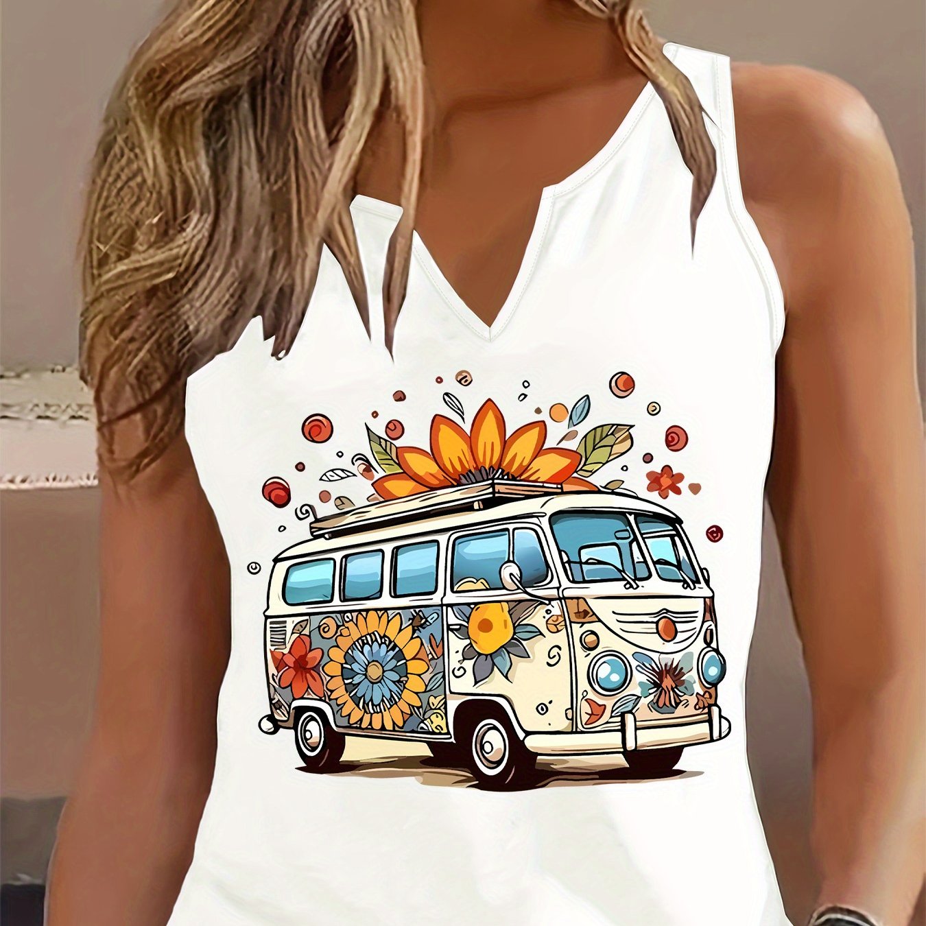 TEMU 5.17 Women's Top, V-neck Tank With Print Design, Versatile And Summer Top For Women