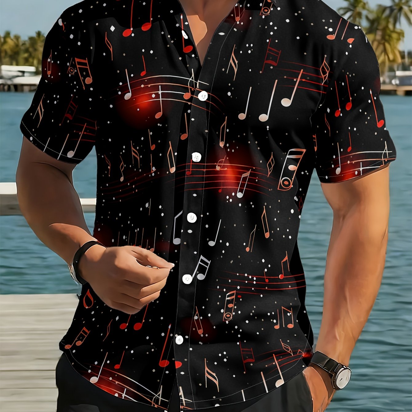 TEMU Summer New Arrival Men's Shirt [printed Design - Non-textured] Musical Note Starry Sky Men's Regular Fit Shirt