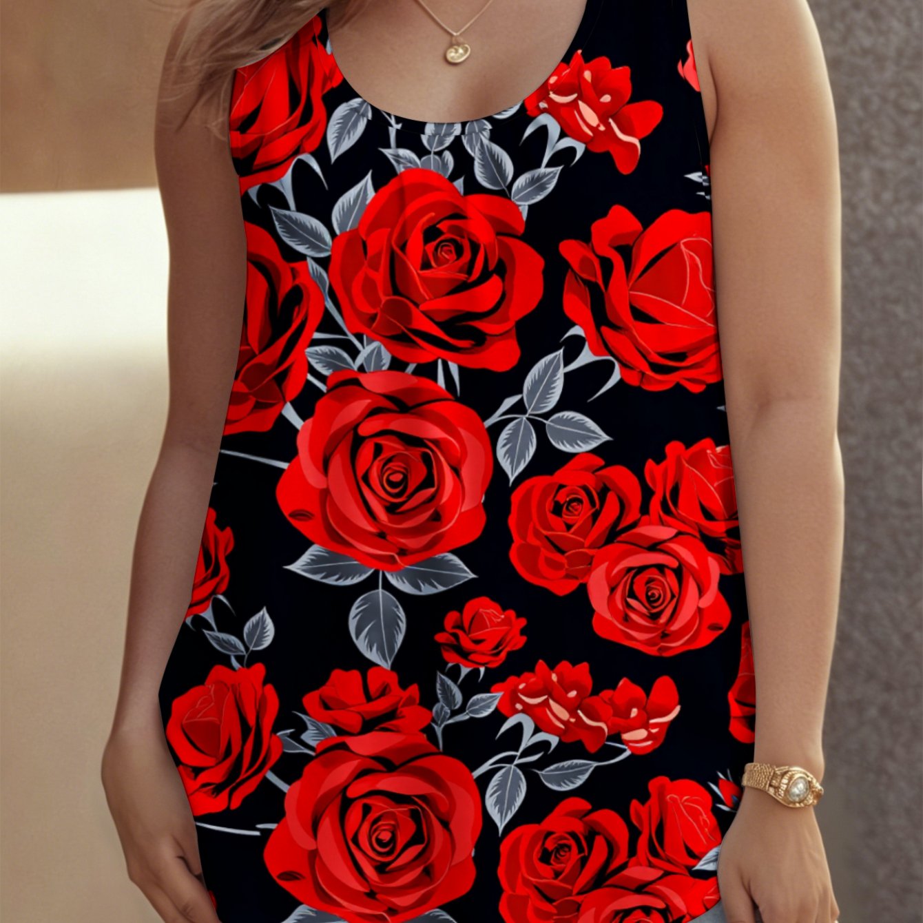 Image of Plus Size - Women's Plus Size Crew Neck Sleeveless Tank Top, Sizes 0xl-9xl Red Roses Black Casual Suitable For , Beach And Travel, Stylish Sexy Outfits For Women