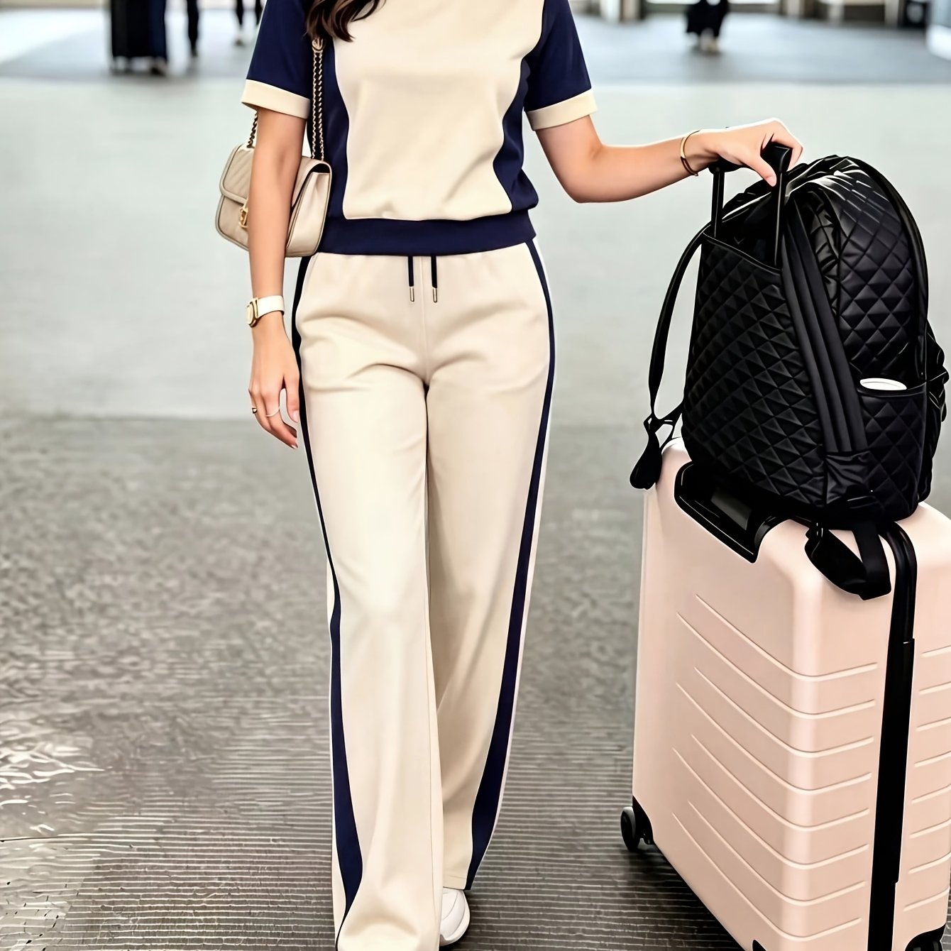 TEMU Color-block Short Sleeve Casual Set Women's Outfit Summer Navy Round Neck Top Side Stripe Flowing Wide-leg Pants Commuter Two-piece