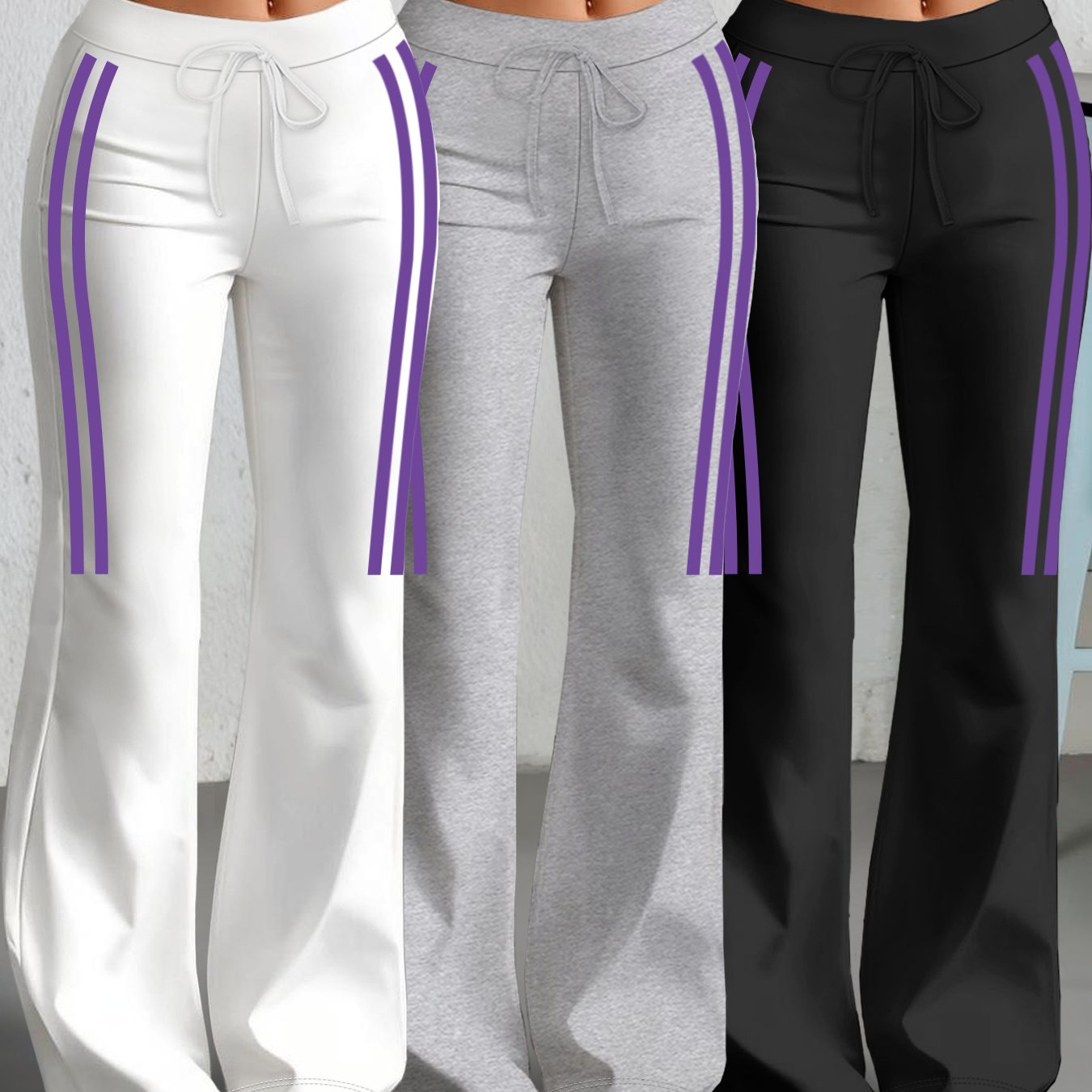 TEMU /summer Women's Clothing From Europe And America: Three-pack Of Straight-leg Flared Pants With Purple Striped Print For Casual