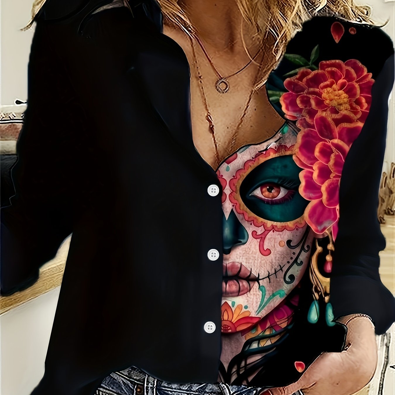 TEMU 2024 Spring And Autumn New European And American And Print Collar Casual Loose Long Sleeve Women's Shirt