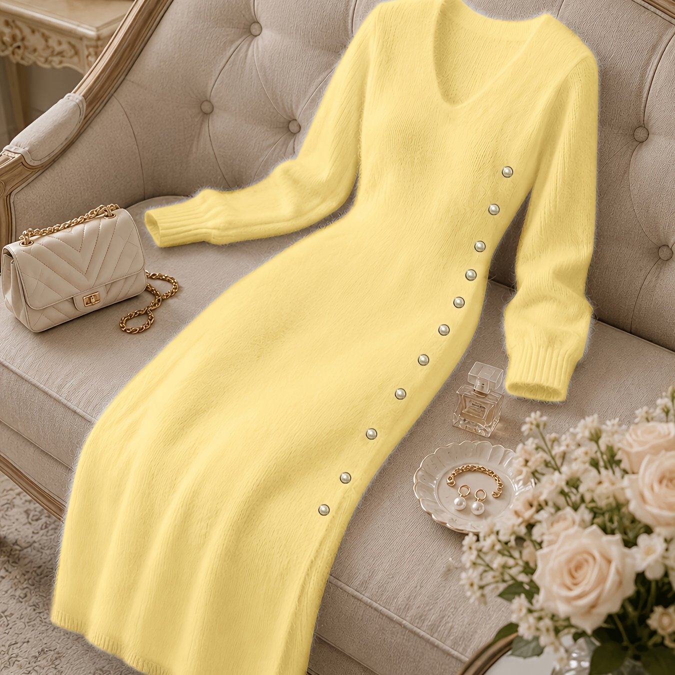 TEMU Women's Casual Plush Maxi Dress, Christmas Style Dress, V-neck Long Sleeve Button-detail Slit Sweater Dress Suitable For Autumn/winter Daily ,