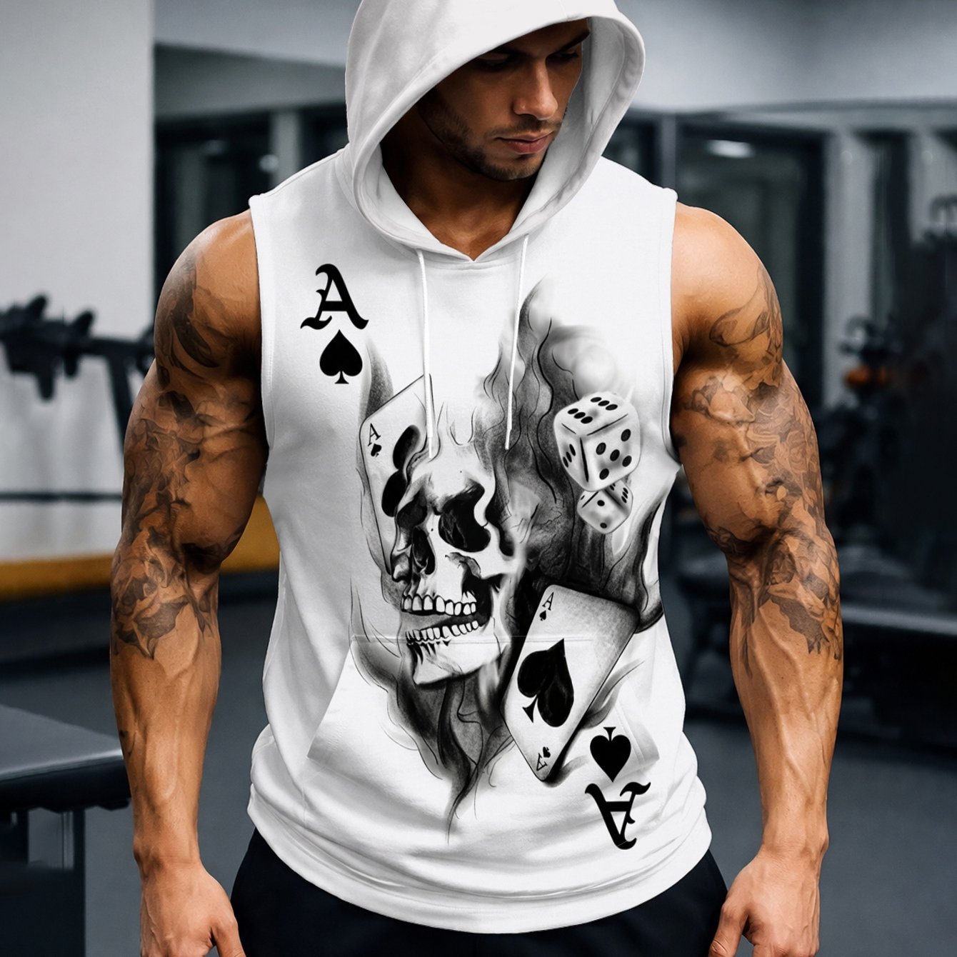 TEMU Men's Sleeveless Hooded Top White Casual Sports Vest With Skull Poker Print For Daily Fitness Trendy Outerwear Versatile Wear Comfortable