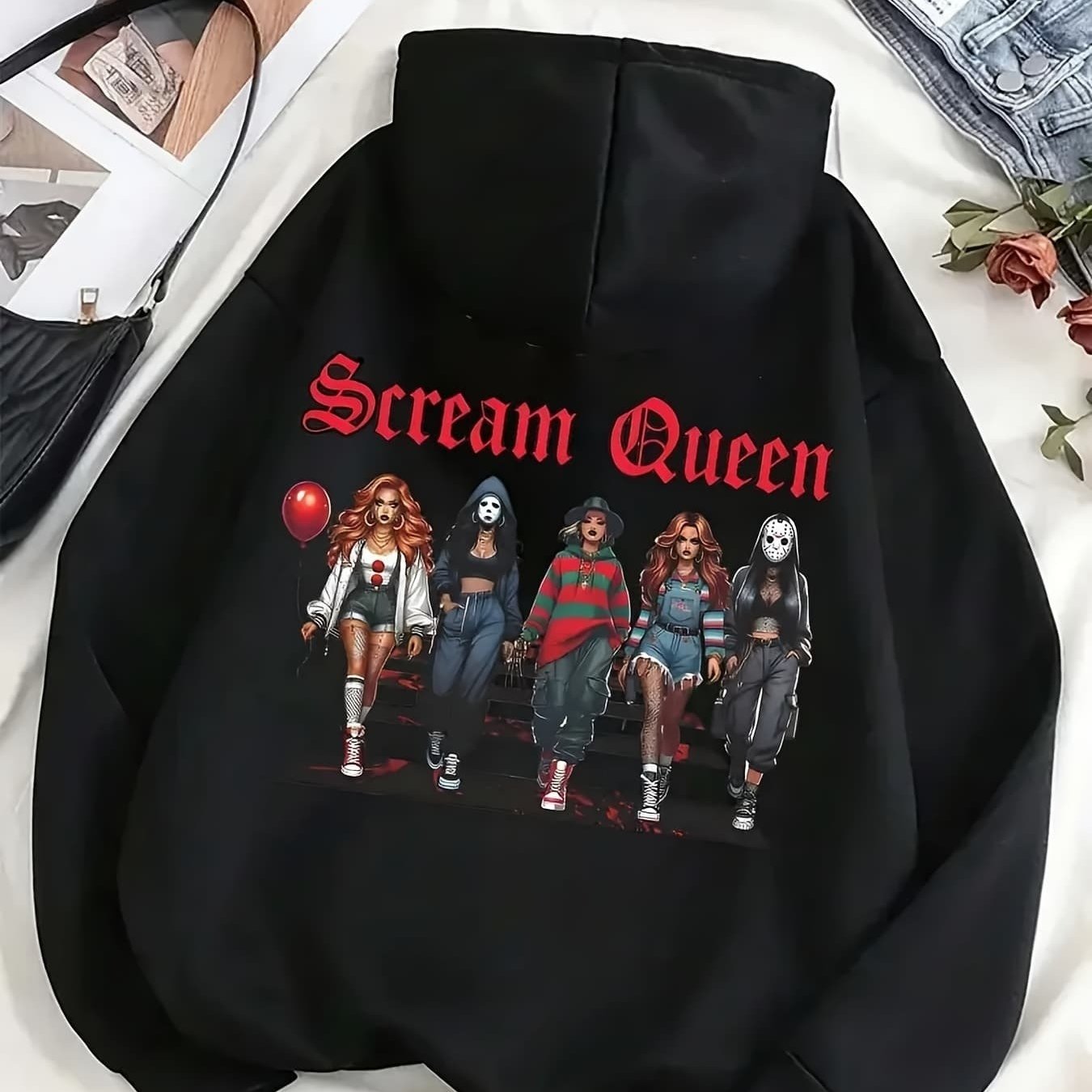 TEMU Hoodie With Screaming Queen Slogan And Dark Pattern Printed Long Sleeved Black Hoodie Hooded Sweatshirt Pullover Kangaroo Pocket Suitable For
