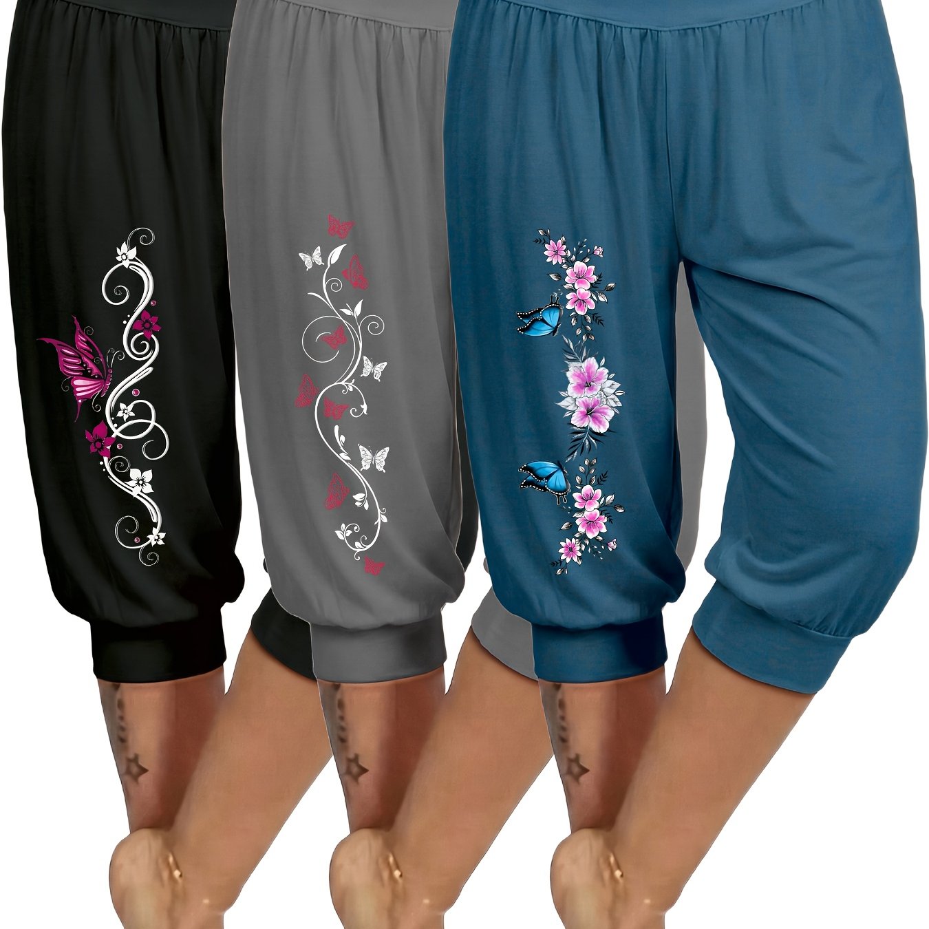 Image of Base Layer, 3pcs Set, Spring/summer, Women's Long Pants, Print, Women's Fashion Capri Pants, Solid Color Harem Pants Jogging Pants Comfortable
