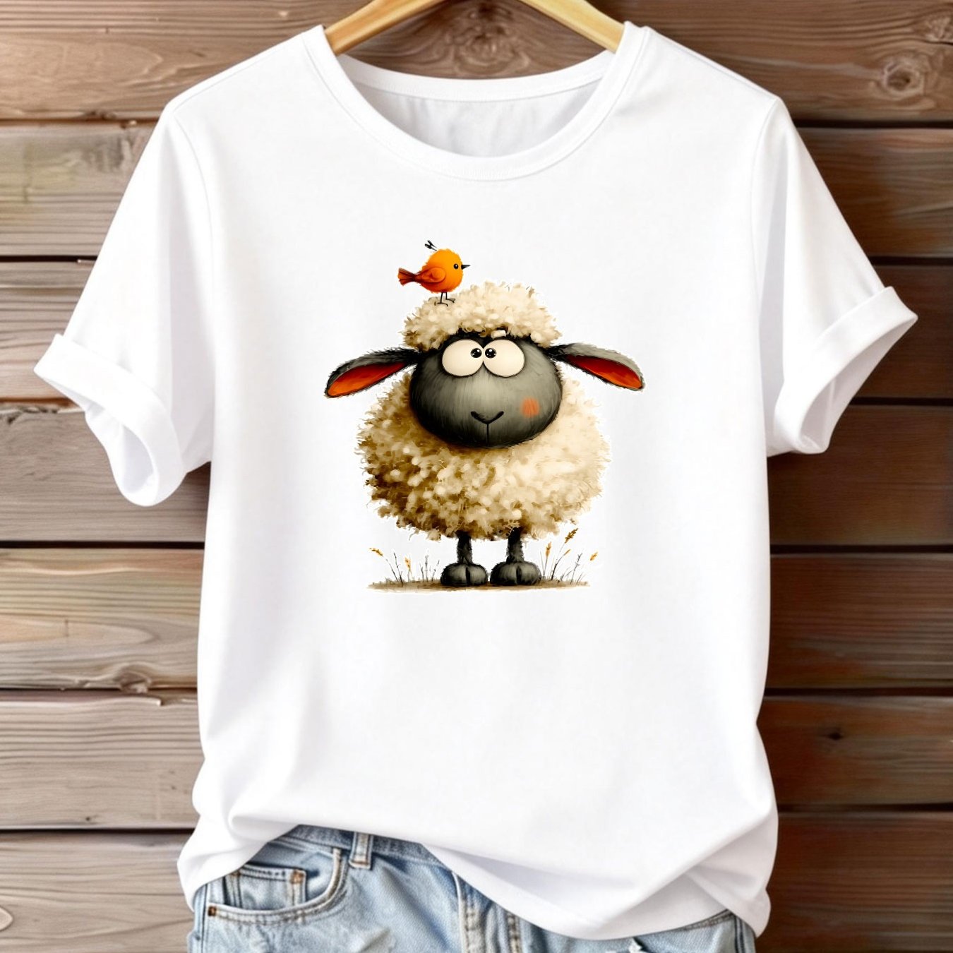 TEMU Plus Size 1pc Pack: Plus Size Fashionable Women's Elegant And Top With Cute Sheep And Bird, Adorable And Vivid Print Design. Beautiful Plus Size