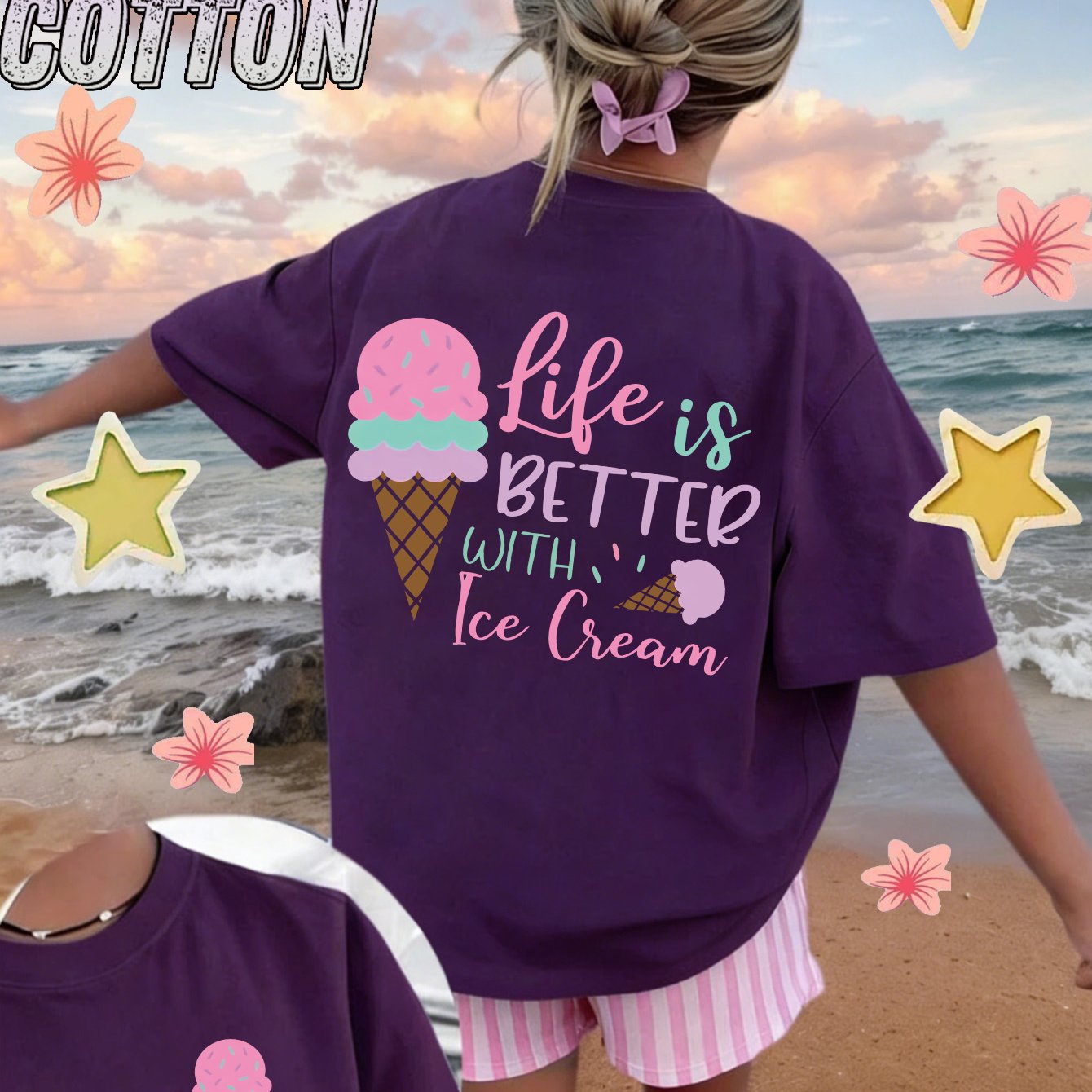 Image of Is Better With Ice Cream Front And Back Print Short Sleeve T-shirt, 100% Skin-friendly Fabric Soft And Breathable, Full Of , Wear