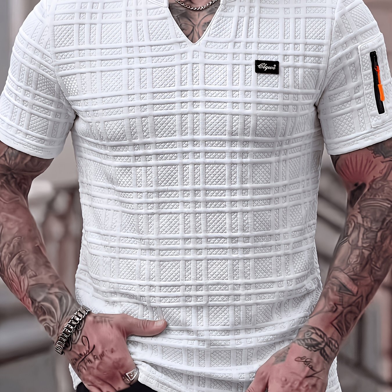 TEMU Men's Fashion Top, Spring/summer Outdoor Casual Textured Jacquard Fabric, Notched V-neck With Badge, Short Sleeve Zipper , Men's T-shirt Henley